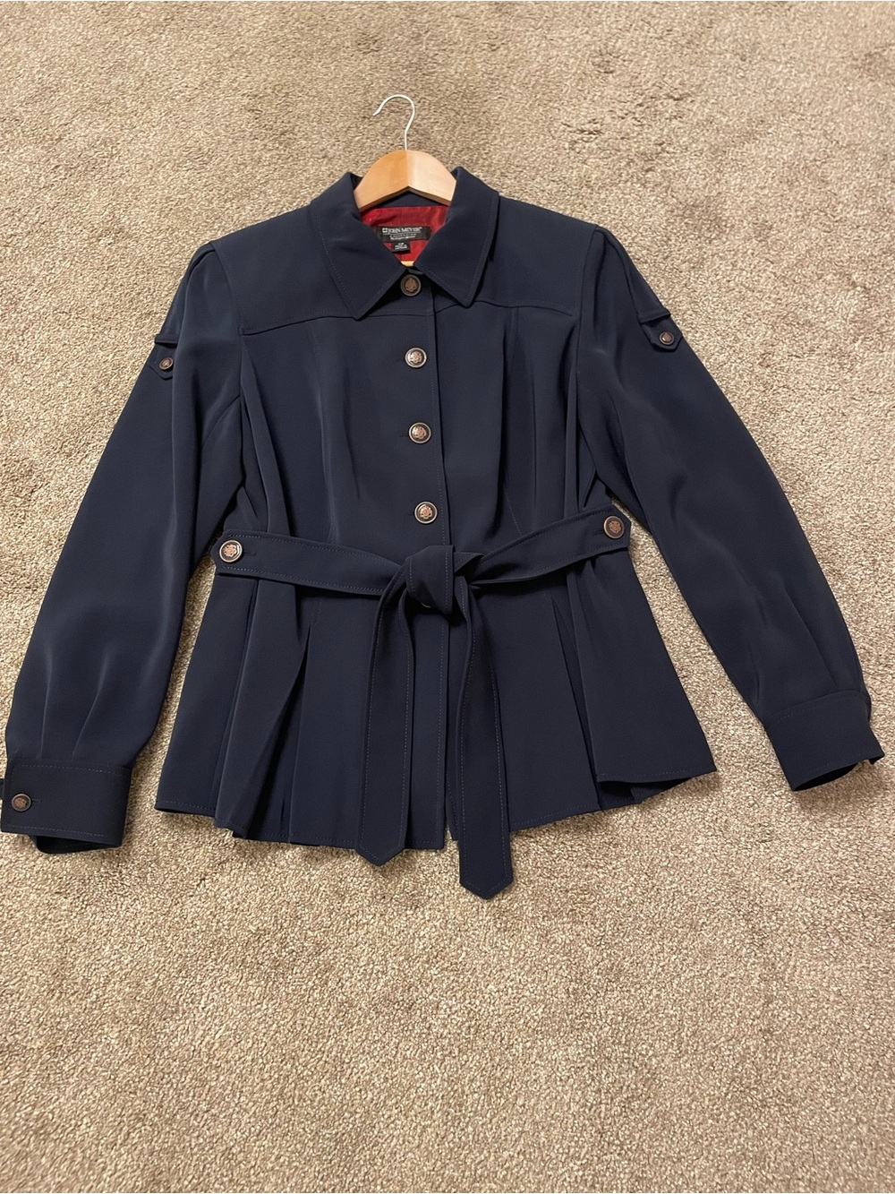 VTG John Meyer Navy Blue Button Front Belted Military Style Jacket Size 14W